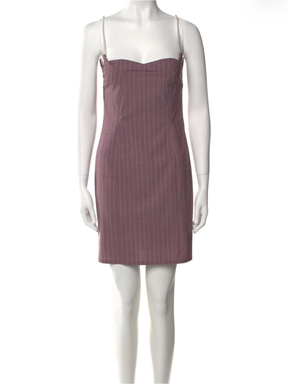 Moschino Sleeveless Mauve Pinstripe Sheath Dress with Pearl Straps - Picture 2 of 5